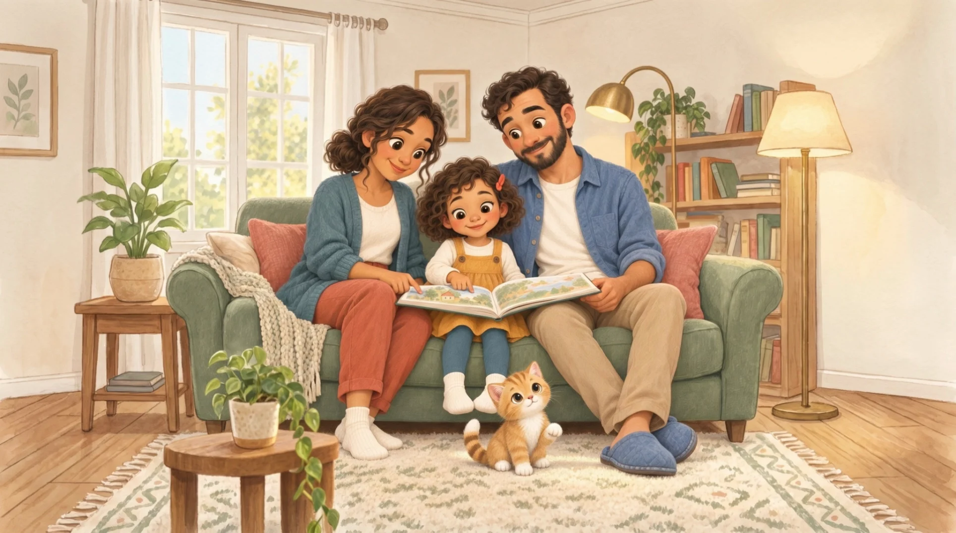 Una familia lee un libro con Amor